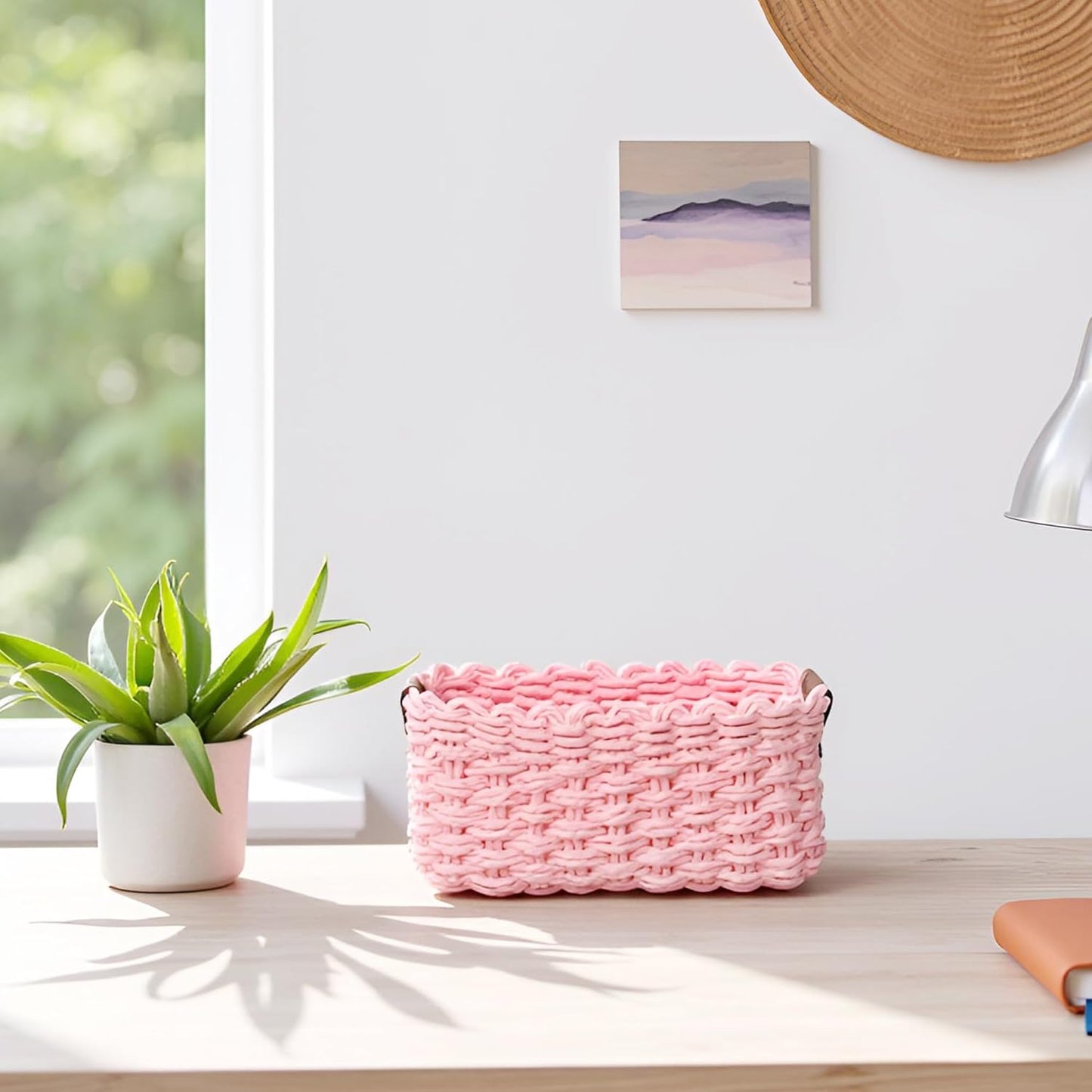 Small baskets for Organizing,Cute woven Storage basket with recycled paper rope for Shelves Bathroom,Little decorative basket,Set of 3 (Pink)