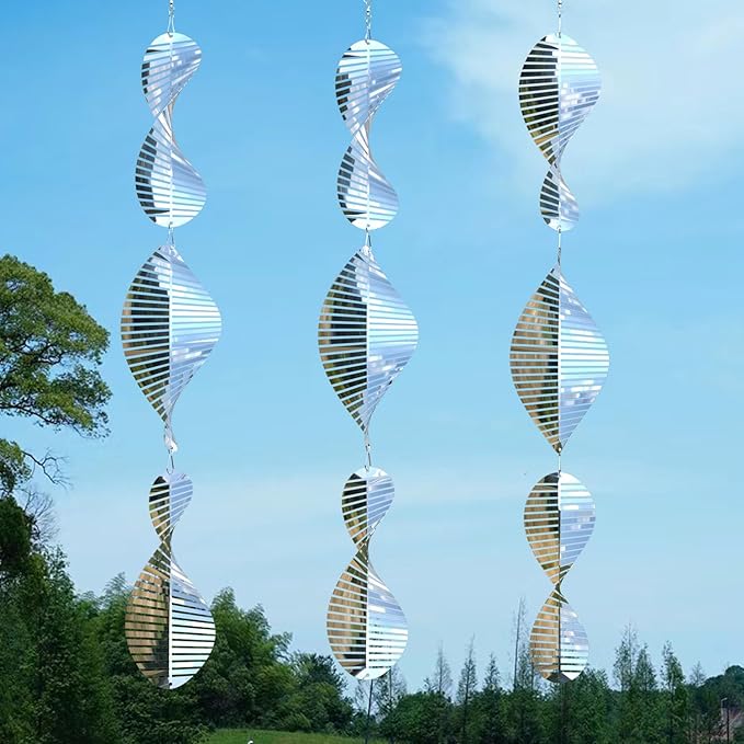 3 * 3 Stainless Steel Bird Scarer Discs Set, 3D Reflective Helix Wind Spinners Bird Reflector & Sparkly Metal Outdoor Garden Décor Sculpture Ornaments, Deterrent to Scare Pigeon Away Yard Patio Farm