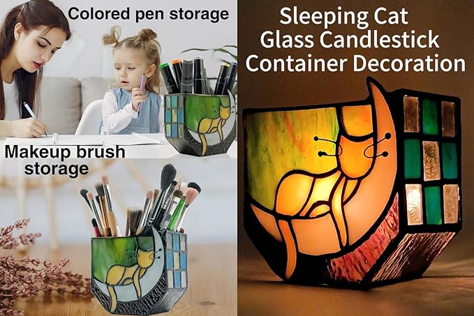 Tiffany Stained Glass Fun Moon Sleeping Cat Planter，Orange Sleeping Cat Cactus Planter，Cute Planters for Indoor Plants,Decorative Flower Pots As Gifts for Cat Lovers，4.6x3x5.15 in