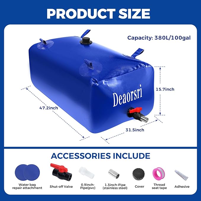 Water Storage Bladder with Two Different Sizes of Pipes,Portable Large Capacity Water Bladder Tank,100gallons, Foldable Water Storage Tank for RV,Camping, Agricultural Irrigation,Garden Watering
