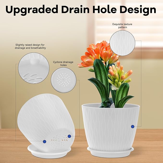 Plant Pots – 6 Inch Planters with Drainage Holes and Saucers, Flower Pots for Indoor and Outdoor Plants, Nursery Planting Pots (Pack of 5, White)