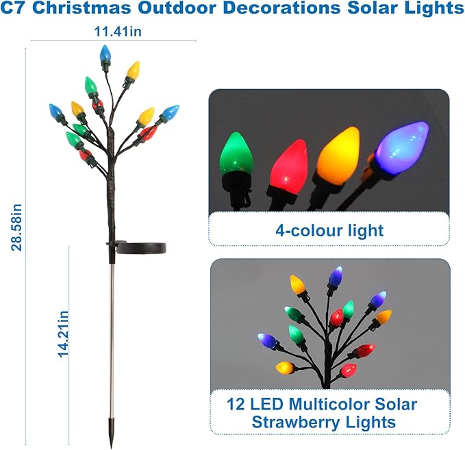 C7 Solar Christmas Lights Outdoor, 4Pack Christmas Pathway Lights with 48 LED Strawberry Multicolor Lights, 8 Modes Outdoor Waterproof Christmas Decorations Lights for Garden,Yard,Pathway (4 Pack)