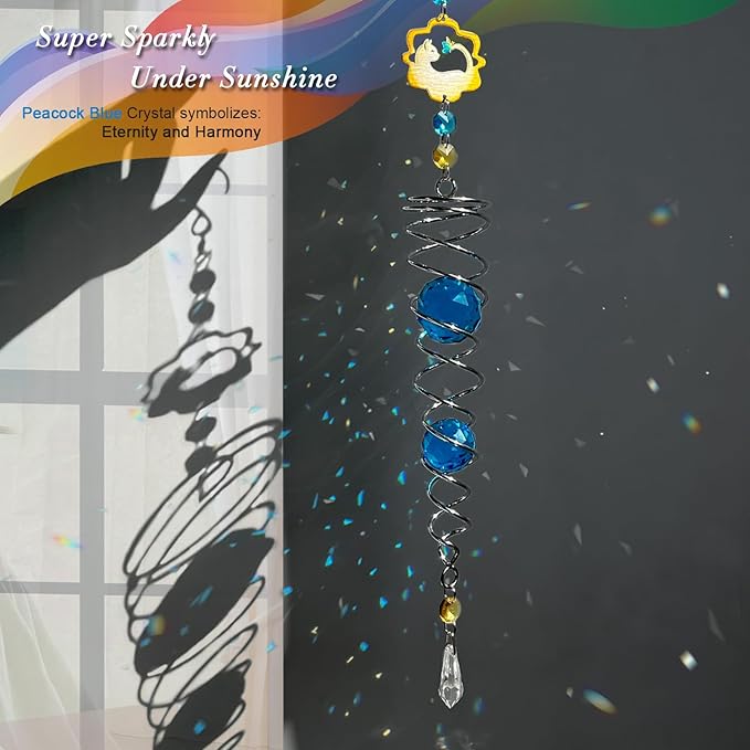 FONMY Cat Gazing Ball Spiral Tail Wind Spinner Sun Catcher Rainbow Maker Silver Spiral W/Blue K9 Crystal Ball Tree Hanging Ornament Indoor Outdoor Garden Decor. 19.5inch H