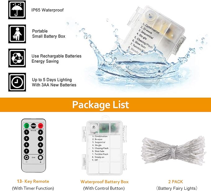 String Lights, 2 Pack Battery Operated String Lights with Remote Timer Waterproof 8 Modes String Lights for Bedroom,Garden,Party,Xmas Tree Indoor Outdoor Decorations (Blue, 16.4)