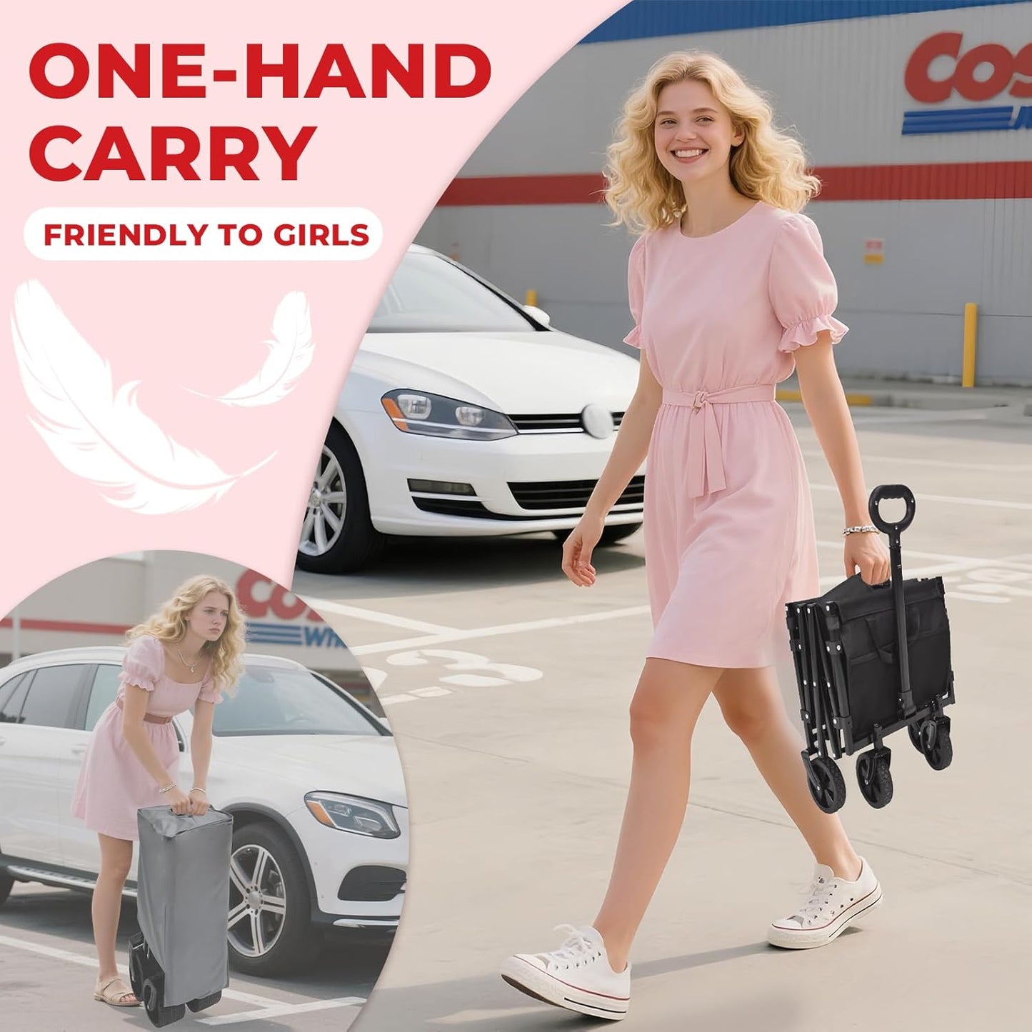 Collapsible Wagon Cart with Wheels Foldable,11 Lbs Lightweight Portable Folding Utility Wagon,90 L Heavy Duty Grocery Shopping Carts,Versatile for Garden Sports Camping Park Outdoor Use