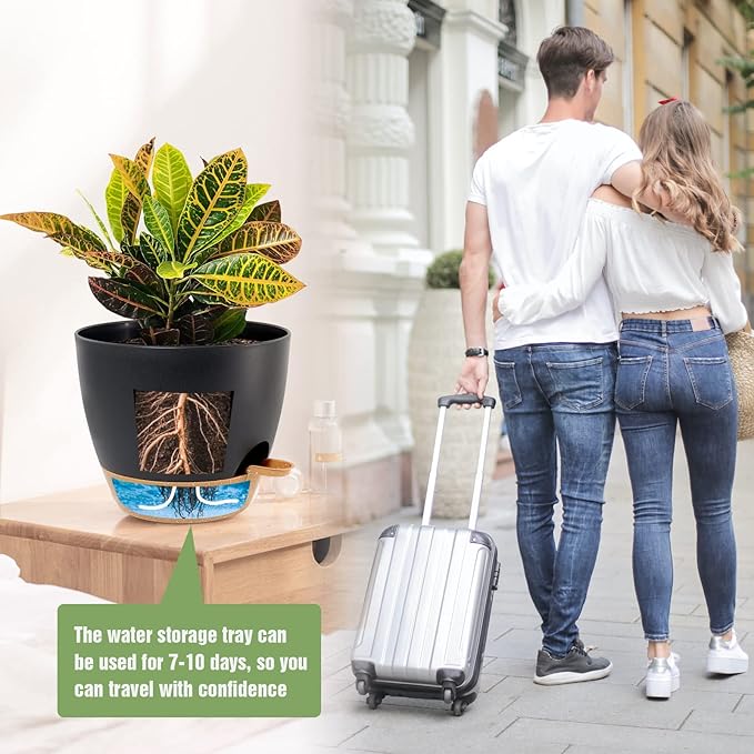 Large Self Watering Pots, 12/10/9 Plastic Planters with High Drainage Holes and Deep Reservoir for Indoor Outdoor Garden Plants and Flowers, Black with Brown