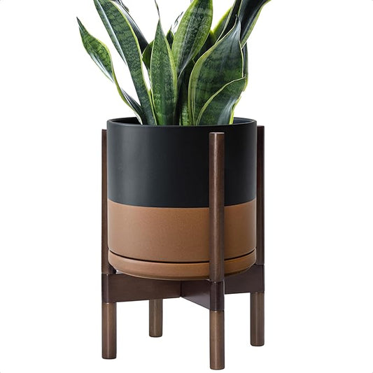 D'vine Dev Ceramic Planter with Walnut Color Stand - 10 Inch Modern Round Flower Pot with Wood Planter Holder, Black/Speckled Tan, 55-B-X-7