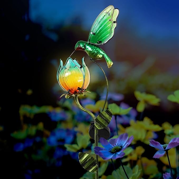TERESA'S COLLECTIONS Glass Flower Bird Pathway Solar Outdoor Light for Garden Decor, 41'' Tulip and Hummingbird Metal Decorative Stakes Yard Art for Lawn Patio Porch Decorations, Gifts for Mom