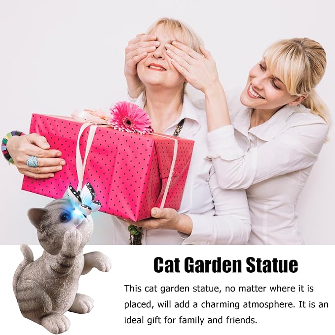 Cat Garden Statue Outdoor Solar Decorations Butterfly Light Figurine Color Changing LED Lights Resin Sculpture Art Decor Patio Lawn Yard Housewarming Gifts for Women Grandma Mom