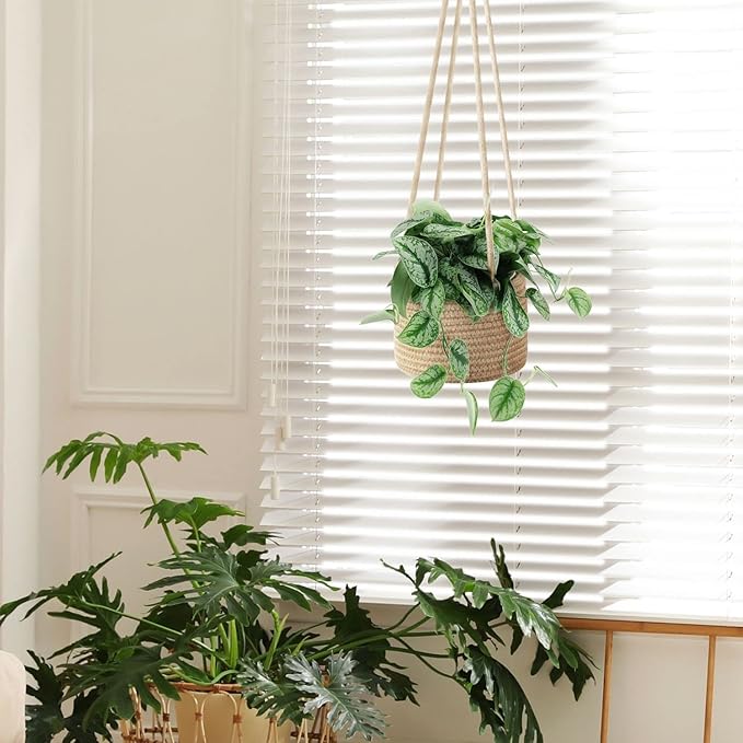 Flexzion Hanging Plant Basket, Boho Cotton Rope Basket Indoor Hanging Planter, Up to 7" Flower Pot, Macrame Woven Modern Plant Holder, Storage Bin Organizer, Home Decor with 20" Hanging Rope, Brown