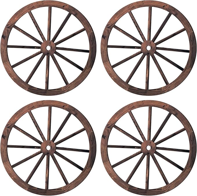 Qunclay 4 Pcs Wooden Wagon Wheel Wall Decor Old Western Wood Boho Wall Art Farmhouse Boho Wagon Wheels Rustic Yard Decor Wood Hanging Decorations for Garden Home Bar Garage (10 Inch)