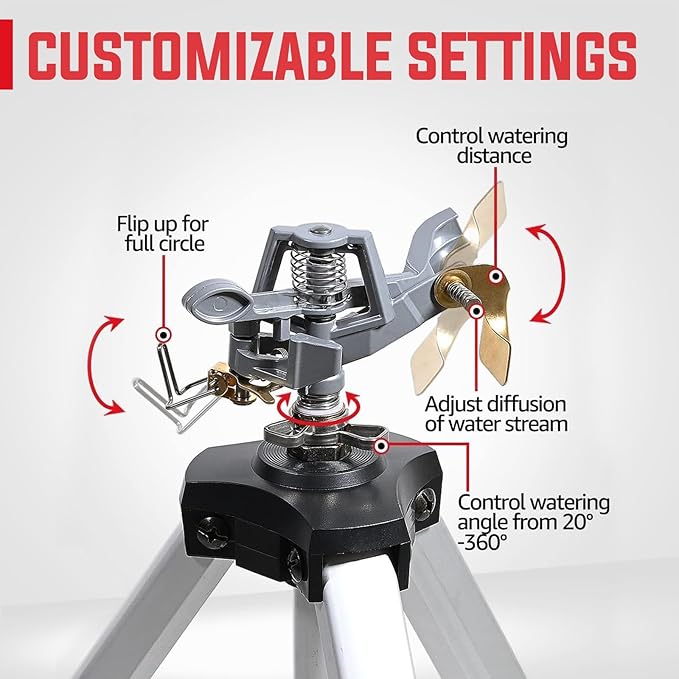 YAMATIC Impact Sprinkler on Adjustable Tripod Base, 360 Degree Large Area, Heavy Duty Adjustable Pulsator Sprinkler for Lawn, Yard and Grass Irrigation, Spray up to 20-90ft(36inch)