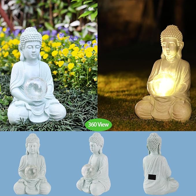 Buddha Garden Statue with Solar Light, Solar Meditating Garden Buddha with Cracked Glass Ball Sculpture-Indoor/Outdoor Decor for Balcony,Garden,Patio,Porch Yard Art Ornament,Gift