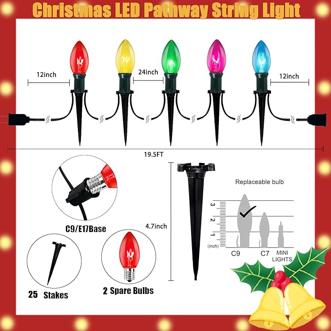 C9 Christmas Pathway String Lights Outdoor, 38Ft 25 Multicolor Marker Stakes, Yard Decorations for Walkway Lawn Sidewalk Driveway Holiday Christmas Decor