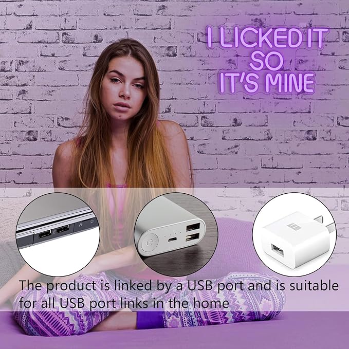 WLHOPE I Licked It So It's Mine Neon Sign Purple LED Neon Signs for Wall Decor, USB Connectivity Sexy Licked Neon Light for Bedroom Home Bar Club Hotel Party,Ice Cream Shop Dessert Store Neon Decor