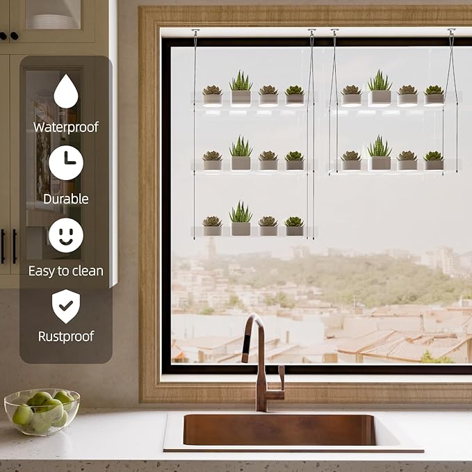 Hanging Clear Window Plant Shelves, Height Adjustable Acrylic Window Plant Hanger, 3-Tier Sturdy Window Sill Plant Shelf for Indoor Window Grow Herbs, Succulents, Flower