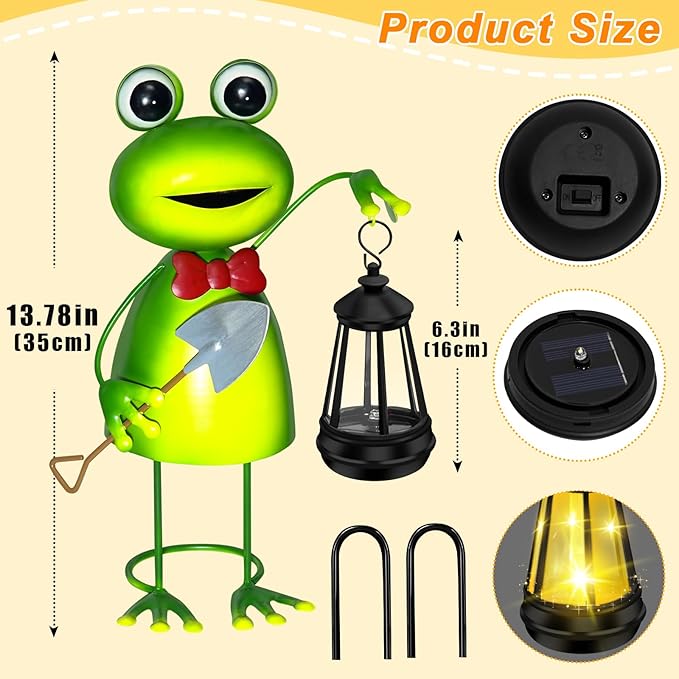 Solar Garden Lights Frog Statue with Solar Lantern lights,13.78in Frog Decoration Fairy Accessories,Birthday Gifts for Women Mom Grandma,Big Metal Decorative Stakes for Home decor,Patio,Porch,Yard Art