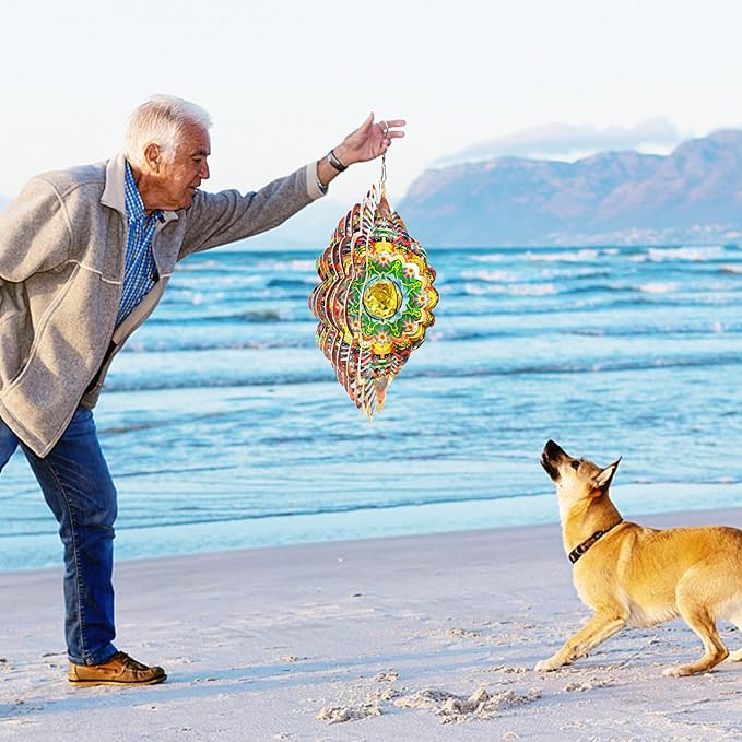 FONMY Mandala Wind Spinner w/Crystal Ball-Romatic Flower 3D Stainless Steel Hanging Spinners Worth Gift Christmas Decoration Indoor/Outdoor Garden Décor Kinetic Yard Art 12 Inches Wind Sculpture