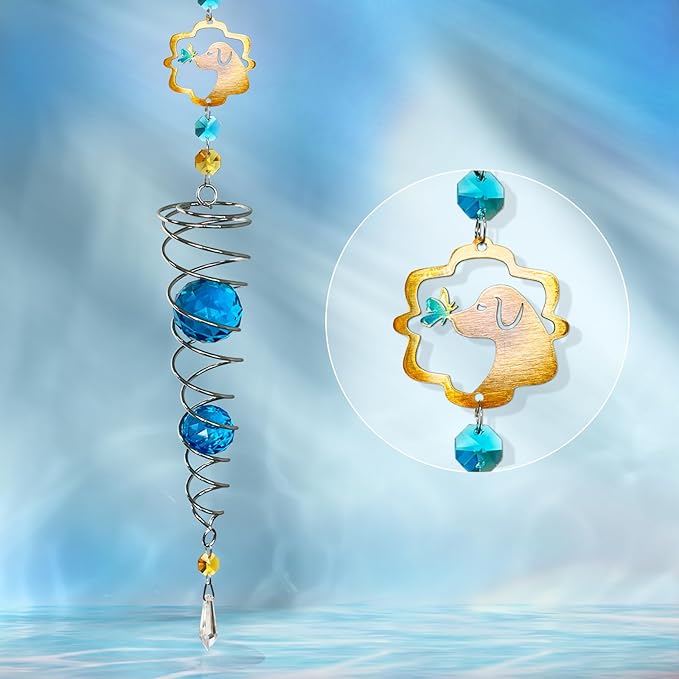 FONMY Dog Gazing Ball Spiral Tail Wind Spinner Sun Catcher Rainbow Maker Silver Double-Spiral W/Blue K9 Crystal Ball Tree Hanging Ornament Indoor Outdoor Garden Decor. -19.5inch H
