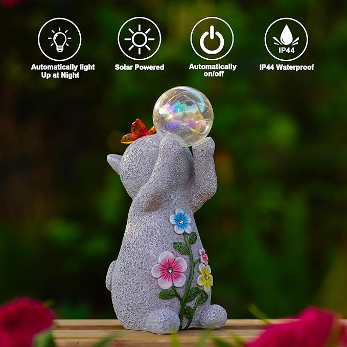Goodeco Solar Cat Garden Statue - Outdoor Cat Decor with Solar Butterfly & Succulent Flowers LED Lights for Cat Lovers and Garden Enthusiasts - Ideal Gifts for Mom & Birthdays