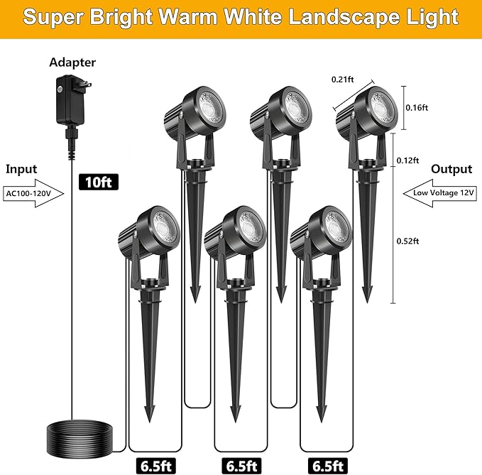 LED Spotlight Outdoor,Low Voltage Landscape Lighting IP65 Waterproof with US Plug, 3000K Warm White Outdoor Spot Lights for Yard Flag Pole House Garden Tree(6-in-1)