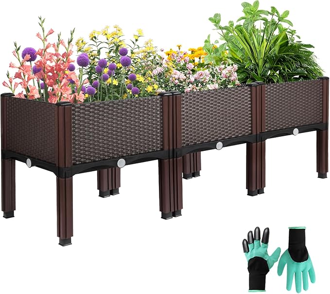 Emalie Raised Garden Beds Elevated Plastic Planter Box with Drainage Plugs Perfect for Vegetables Flowers Herbs Growing Outdoor, 47.2" Lx15.7 Wx16.5 H Brown