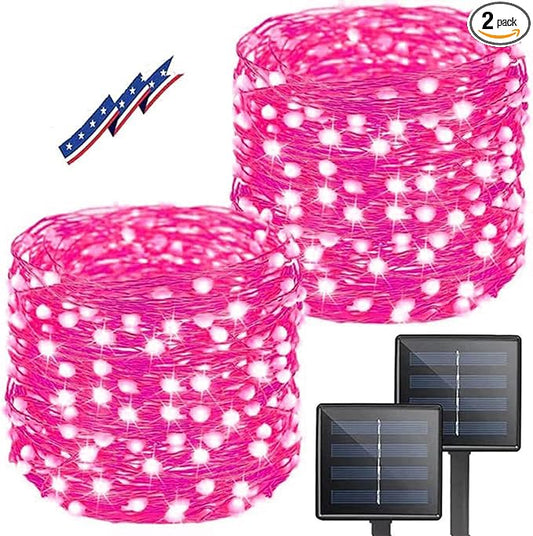 Solar String Lights Outdoor, 2-Pack Total 80FT 200 LED Solar Christmas Twinkle Lights Outside Waterproof Copper Wire 8 Modes Solar Fairy Lights for Garden Tree Party Birthday Christmas Decor (Pink)