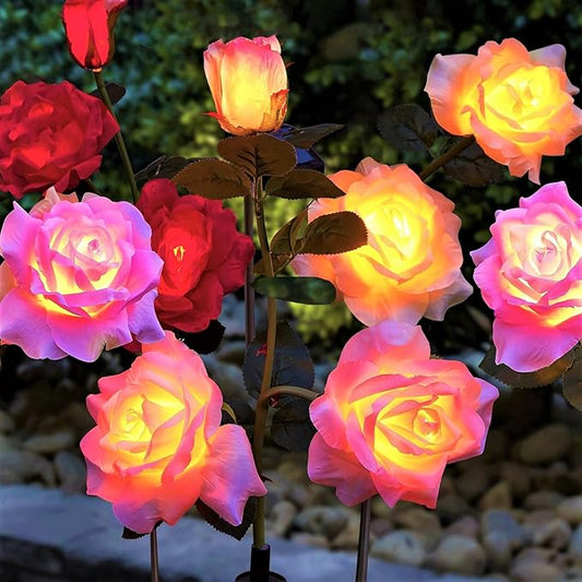 Solar Flower Lights Outdoor,Solar Garden Lights with 12 Bigger & More Realistic Flower,IP65 Waterproof Solar Powered Pathway Lights for Yard Lawn Patio Garden Decor(4Pack Rose Lights)