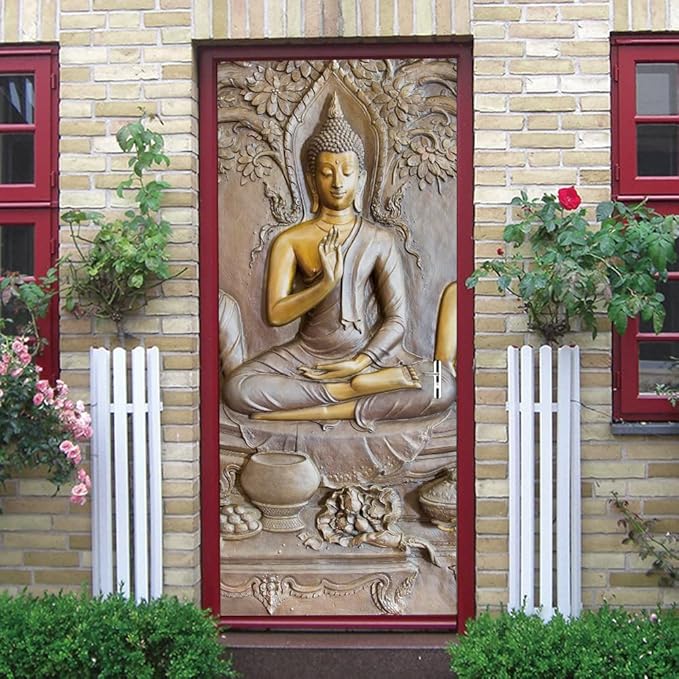 3D Door Stickers - Buddha Statue - Peel & Stick - Waterproof & Washable - Matt Finish - 35.4" x 78.7" - 2 Pieces - Wall & Door - Oriental Style - D-Buddha Statue
