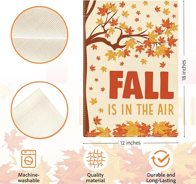 Fall Garden Flag Fall is in the Air Autumn Garden Flag 12x18 inch Double Sided Autumn Maple Leaves Flags Holiday Decorations for Yard Outdoor Home Porch (Flay 1808)