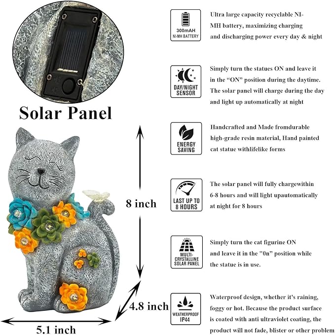 Garden Outdoor Decor Cat Statue with Solar Succulent Resin and 6 LEDs, Large Cats Sculpture with Butterfly Solar Lights for Patio, Balcony, Yard, Lawn Ornament