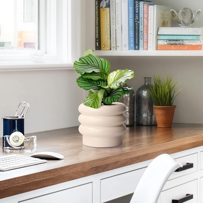 Tiered Bubble Ceramic Plant Pot, Creamy White 6 Inch Ceramic Planter with Drainage Holes, Ceramic Flower Pot with Mesh Pad, Rubber Plugs, Ceramic Pots for Indoor Plants Outdoor, Modern Décor