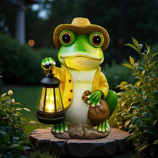 Solar Garden Outdoor Frog Statue 10 inches Tall - with Handheld Lanterns - Detachable - Patio, Balcony, Shelf, Tabletop, Lawn Decoration - Unique Housewarming, Birthday, Thanksgiving, Mom Gifts