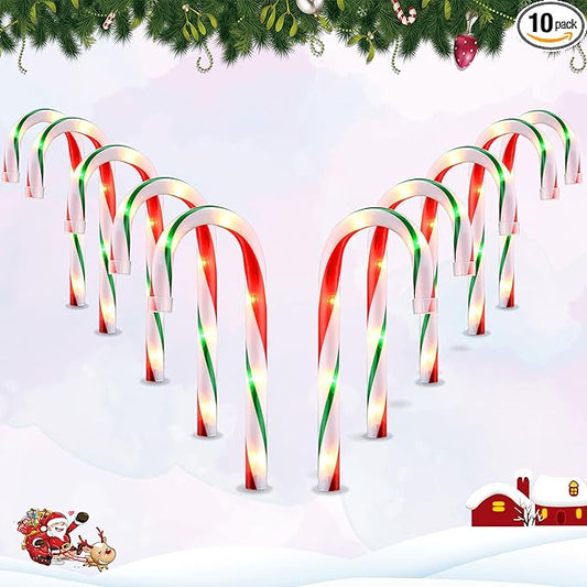 VCOKEN 10'' Christmas Candy Cane Lights Outdoor Pathway, Set of 10 Christmas Candy Cane Markers Waterproof, Light Up Xmas Candy Cane Decoration with Stakes for Holiday Party Yard Art Indoor Outdoor