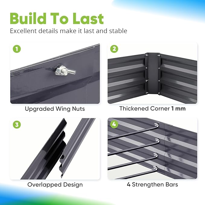 Quictent Galvanized Raised Garden Bed 8x4x1 Ft Metal Planter Box for Vegetables Bottomless for Backyard, 2 Tomato Cages Included, Dark Grey