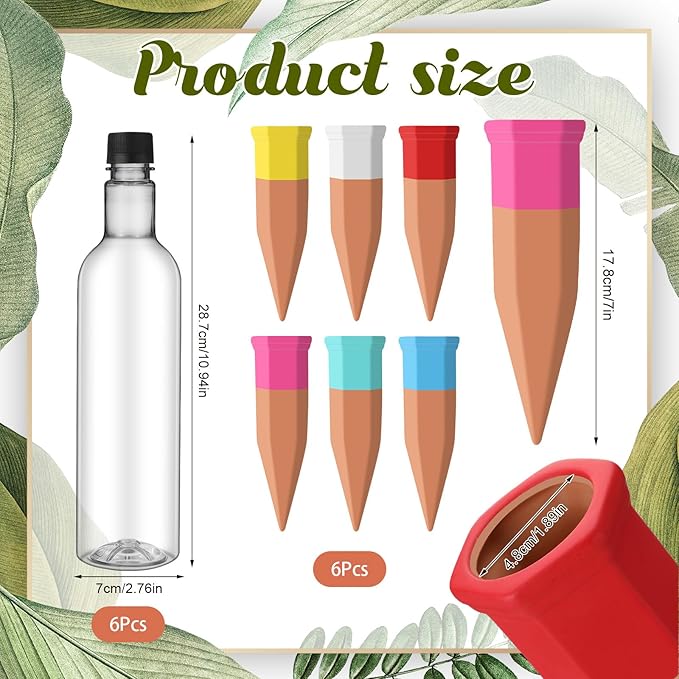 6 Sets Plant Watering Devices Include Terracotta Self Watering Spikes and 26 oz Plastic Bottles, Slow Release Vacation Insert Automatic Plant Waterer Device (Clear and Mixed Color)