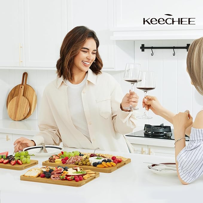 Wood Cutting Board for Kitchen - Reversible Bamboo Cutting Boards Gift Set of 3 with Juice Groove, Wooden Chopping Board for Meat, Fruit, Vegetables & Cheese (Pre Oiled, Natural)