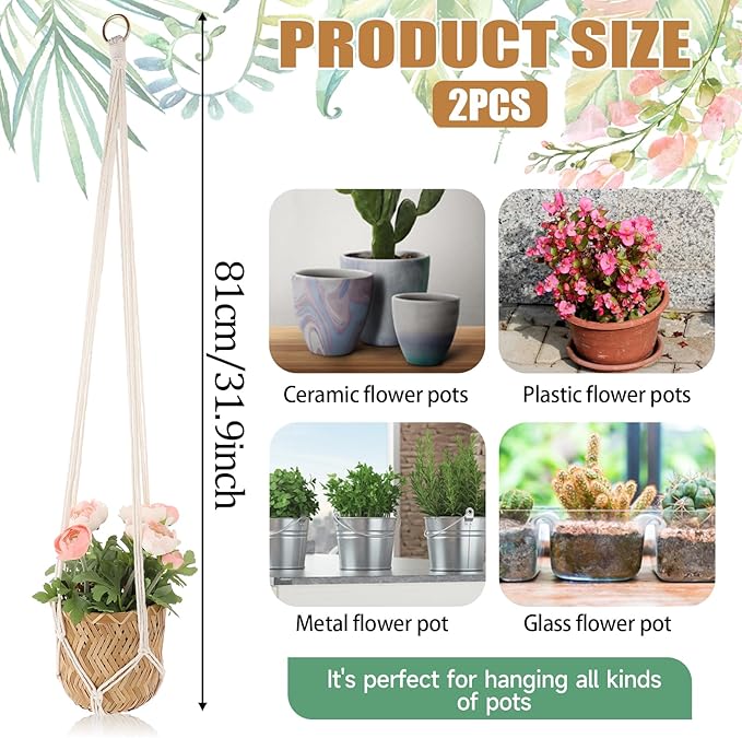 Macrame Plant Hanger, 2 Pack Boho Hanging Planters Baskets for Indoor Plants Decorative Braided Cotton Rope Flower Pot Holder with Metal Hook Rings for Outdoor Home Decor, No Tassels, Ivory, 34 Inchs