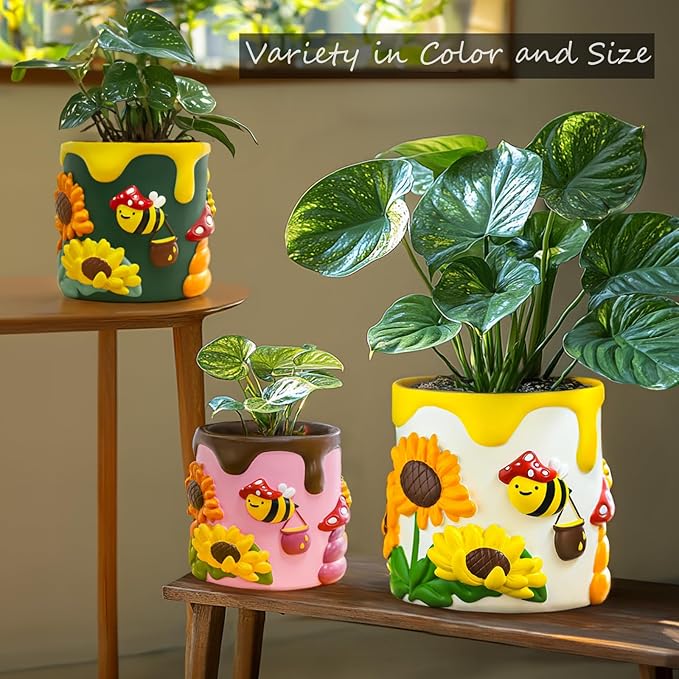 GUGUGO 8Inch Colorful Bees and Sunflowers Plant Pots, Cute Unique Succulent Planters with Drainage, Rainbow Small Mushrooms Flower Planters Pots for Indoor Plants, Funny Eclectic Home Decor