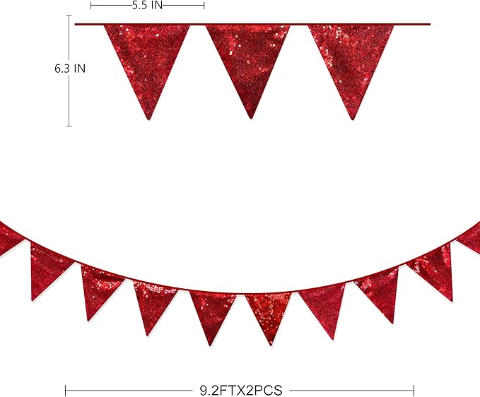 Red Party Decorations Double Sided Sequin Red Triangle Pennant Banner Flag Bunting Garland for Birthday Graduations Anniversary Wedding Engagement Bachelorette Valentines Bridal Shower Hen Party Decor