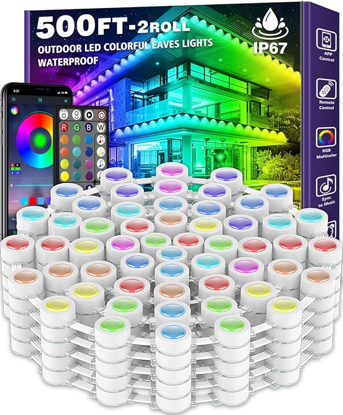500FT Permanent Outdoor RGB Lights,IP67 Waterproof Smart LED Eaves Lights with App/Remote Control,for Christmas and All Holiday Decor,Daily and Accent Lighting,House Roof and Garden Lighting