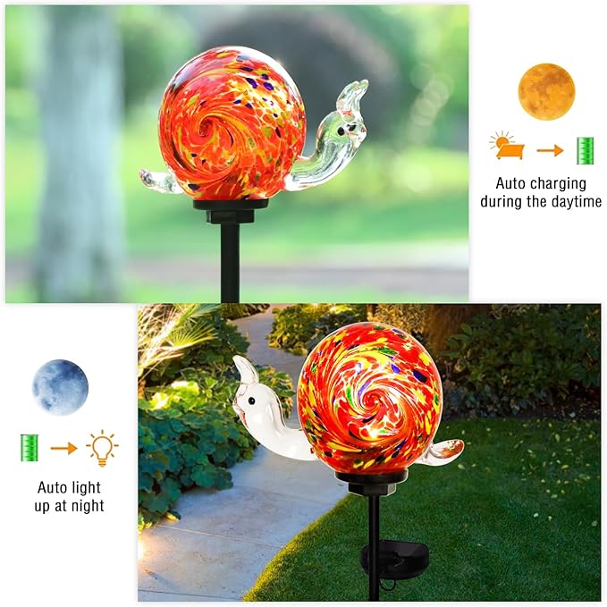 Solar Garden Decoration Outdoor Snail Lights, Hand Blown Glass Waterproof Solar Light Stake Decorate Paths, Pathways, Lawns and Yards Art for Mom, Mother's Day Gifts