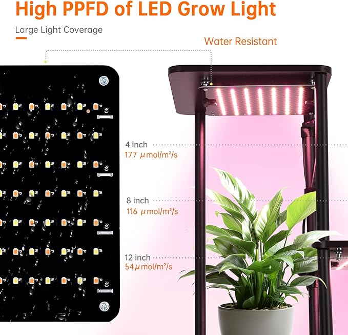 Indoor Plant Stand with Grow Lights , 7 Tier Corner Wooden Tall Grow Light Stand for Indoor Plants , Full Spectrum Dimmable 50W(5x10W) LED Grow Light Panel with Timer for Garden , Living Room