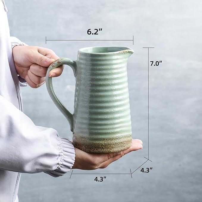 Quoowiit Ceramic Rustic Vase with Handle, Green Distressed Decorative Farmhouse Pitcher Vase for Home Decor Living Room Bedroom Kitchen Office Shelf Decor Centerpiece Table Decoration