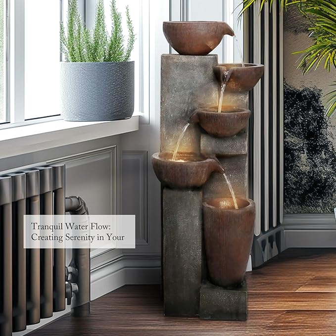 SunJet 5-Tier Cascading Indoor/Outdoor Water Fountain with LED Lights - 39.7" High Large Waterfall Floor Standing Fountain for Garden, Patio, Yard, and Deck Decor - Relaxing Outdoor Water Feature