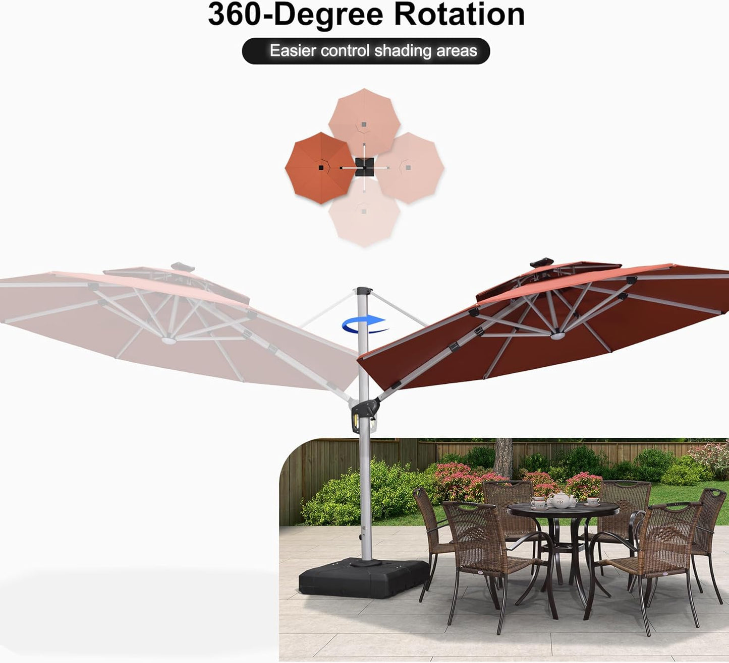 PURPLE LEAF 11ft Solar powered LED Patio Umbrella Outdoor Round Umbrellas Large Cantilever Umbrella with LED lights Windproof Offset Umbrellas Sun Umbrella for Garden Deck Pool Patio, Brick Red