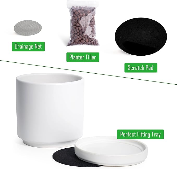 D'vine Dev Set of 2 Plants Pots, 10 Inch Ceramic Planter Pot for Plants with Drainage Hole and Saucer, White, 94-V-E-1