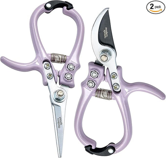 Modern Sprout Hand Pruners & Shears Set - Lightweight Gardening Tools W/Easy Lock - Sharp Carbon Steel Blades -Rust Resistant Scissors for Herbs, Flowers - Reusable Holster - Lavender