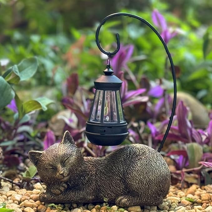 Resin Cat Statue with Solar Lantern, Eye-catching Garden Sculpture & Lawn Decor, 13" Height Outdoor Cat Figurine for Garden Yard Patio Porch Decorations, Cat Statues Outside Ornament