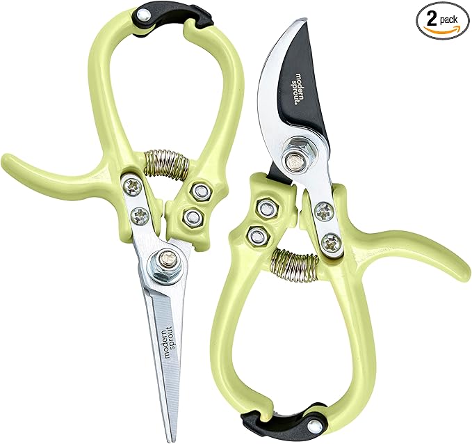 Modern Sprout Hand Pruners & Shears Set - Lightweight Gardening Tools W/Easy Lock - Sharp Carbon Steel Blades -Rust Resistant Scissors for Herbs, Flowers - Reusable Holster - Chartreuse